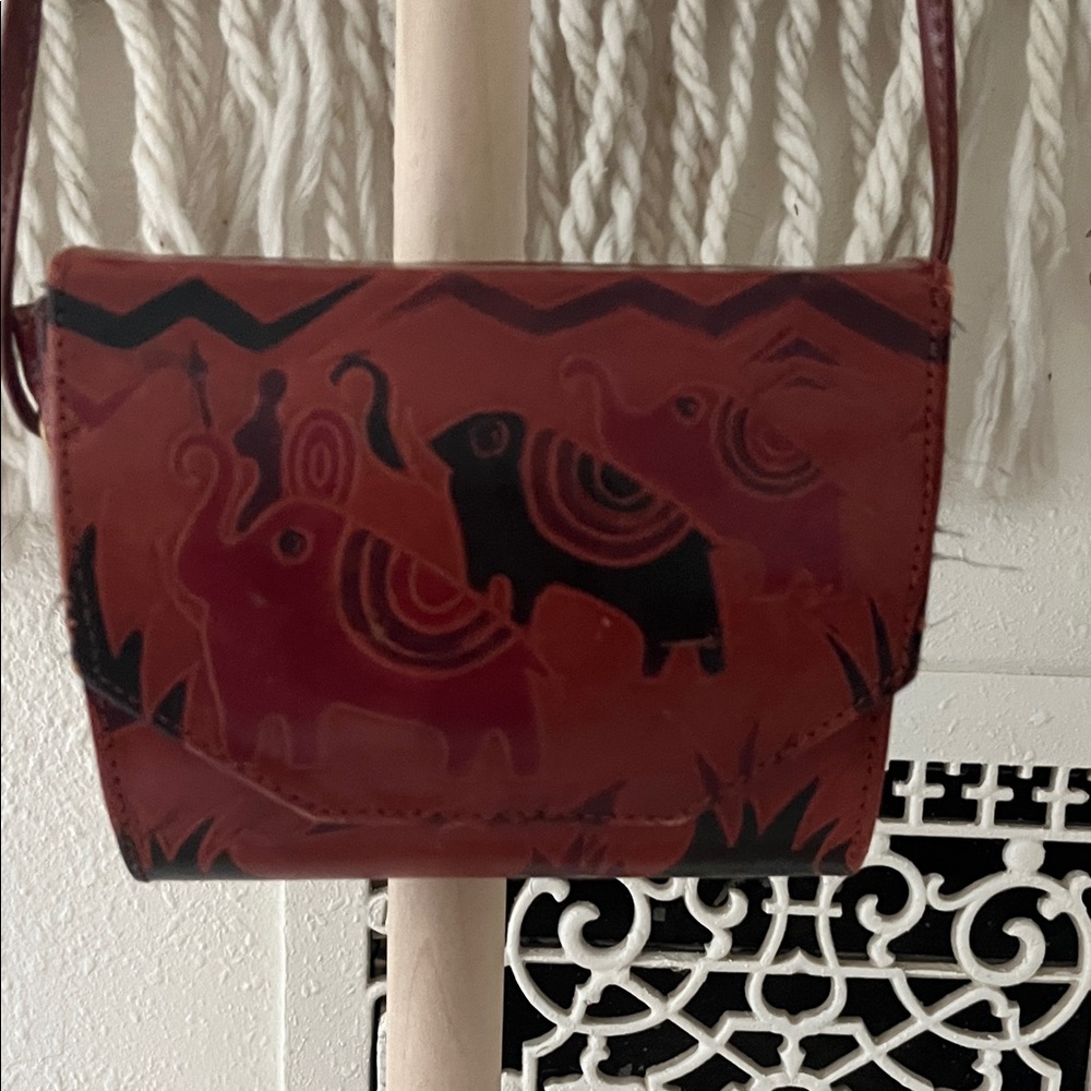 Vintage Leather Elephant Design Crossbody Bag - Brown and Black
